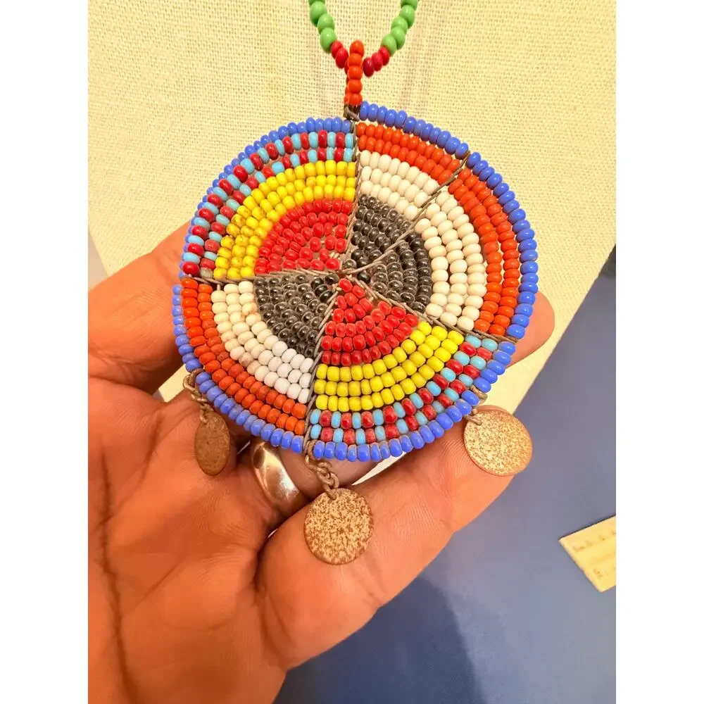 Vintage Handmade Beaded Tribal inspired  Pendant Necklace 26”